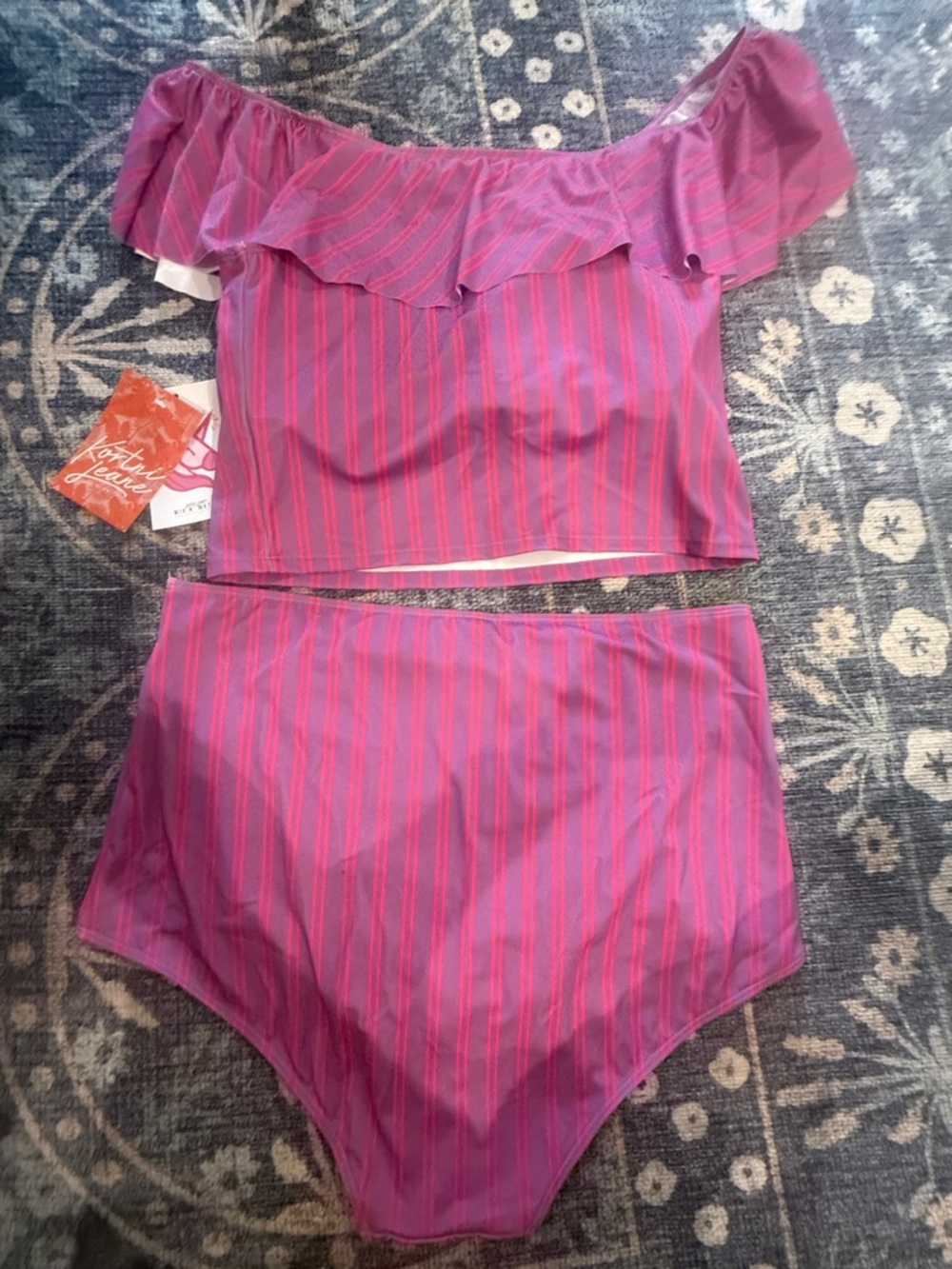 Kortni Jeane Purple & Pink Striped Off-Shoulder Bikini Set